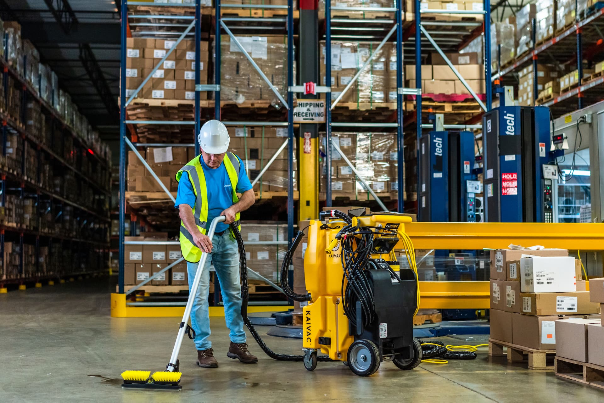 Large-scale restoration crew deploying equipment at a US industrial or warehouse facility