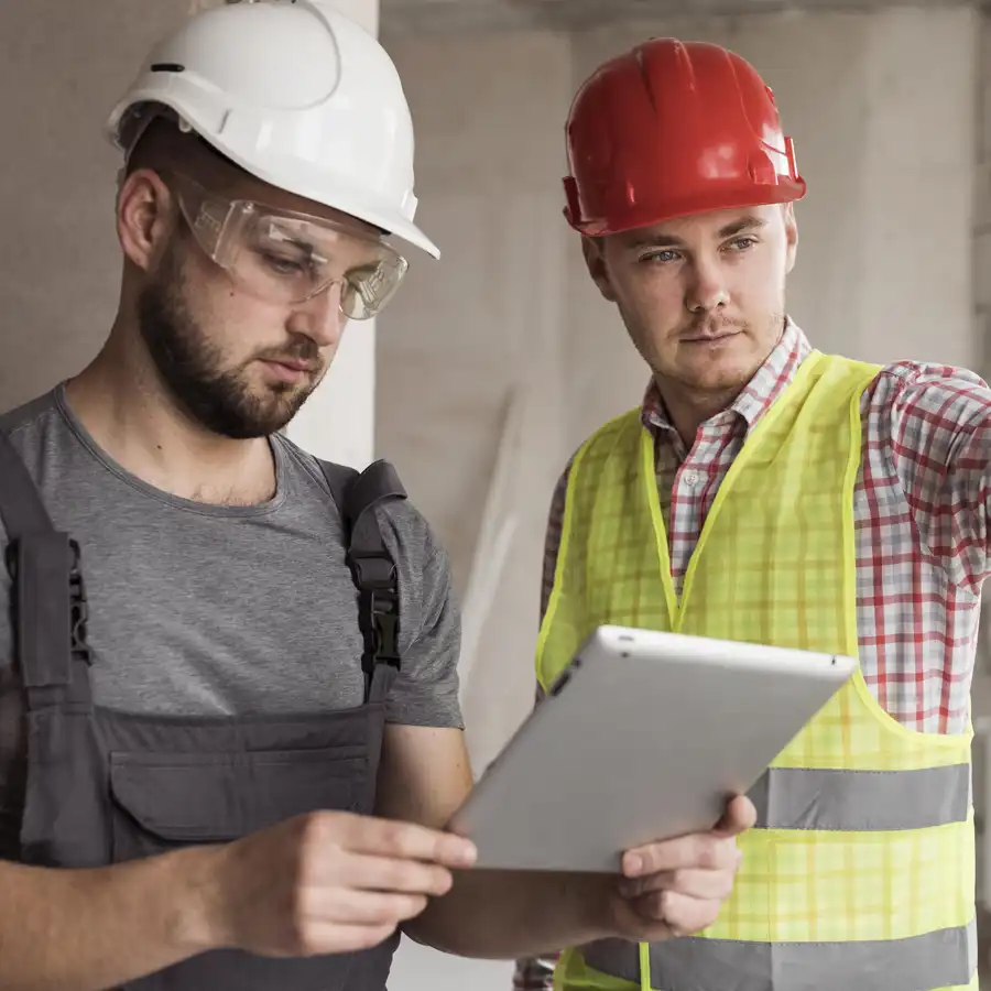 Restoration professional and insurance agent reviewing paperwork together at a damaged property