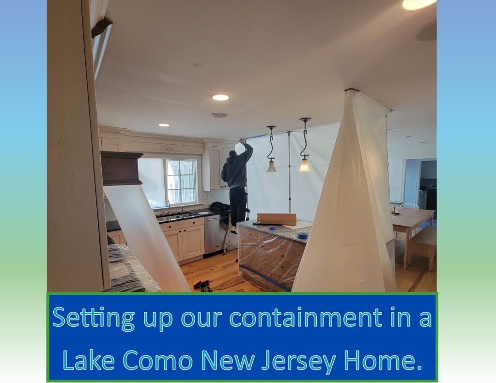 Mold remediation crew in protective suits removing contaminated drywall in a US home