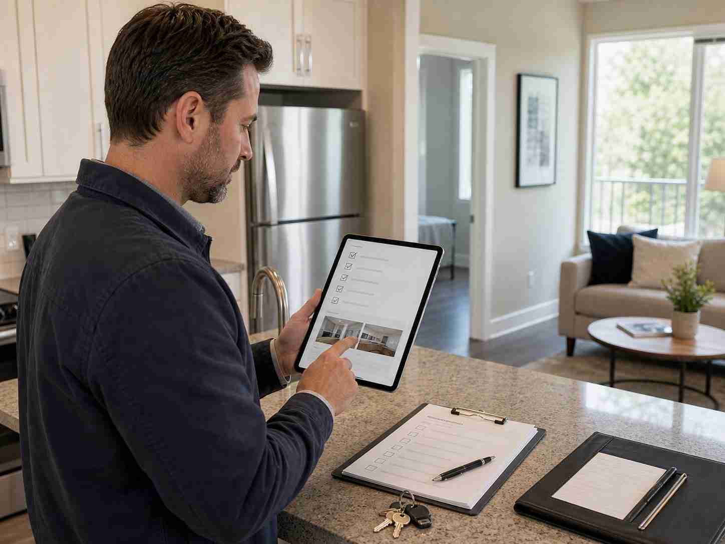 Facilities manager reviewing digital restoration reports on a tablet at a managed property