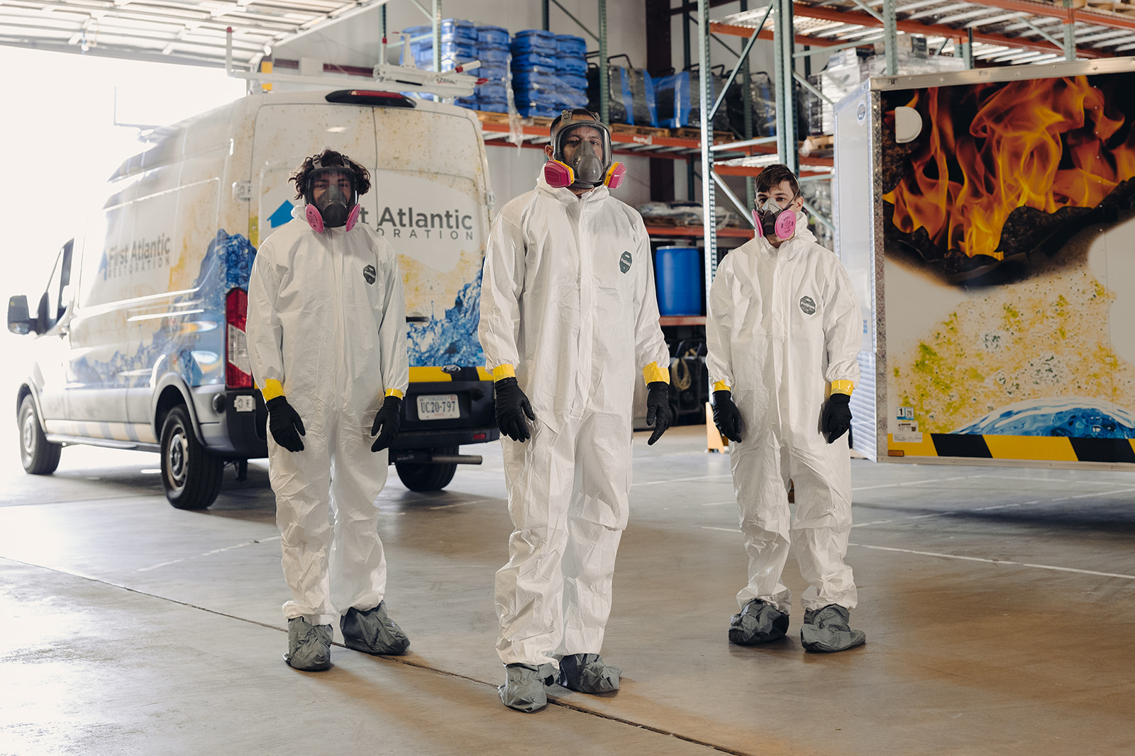 Uniformed specialty cleanup technicians responding to a sensitive scene with professionalism