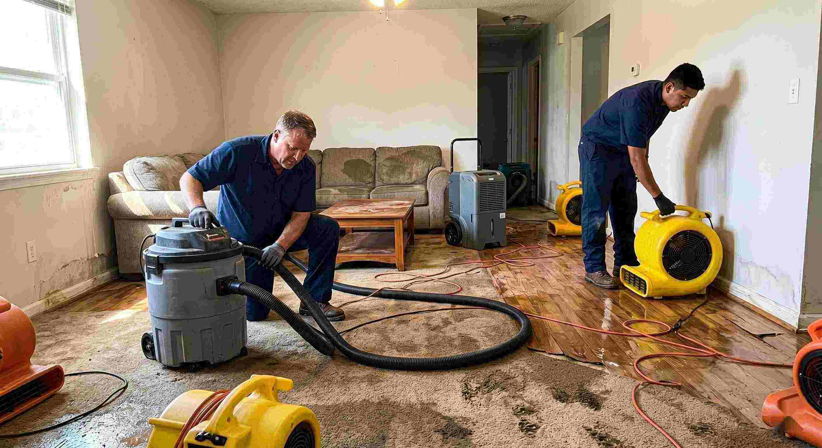 Water damage restoration technician operating extraction equipment