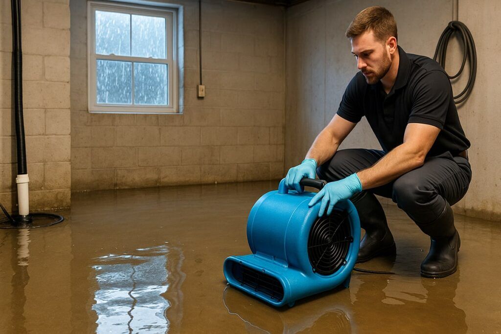 Technician operating industrial water extraction pump in flooded basement